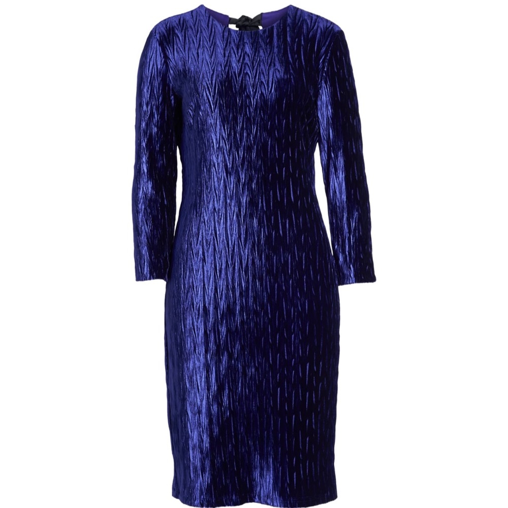 Maggy London Plissé Velvet Sheath Dress Size 2 Purple Long Sleeve Jewel Neck